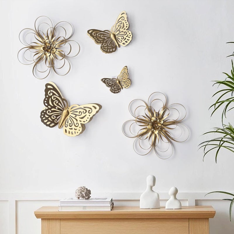 Remenna Gold Finish Metal Butterflies Wall Art Set of 3 Metal Wall Decor Butterfly Hanging Decor for Bedroom Bathroom Living Room Garden Kitchen - Image 4